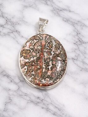 Leopard Skin Jasper Large Oval Pendant Statement Stone Plated Setting Boho